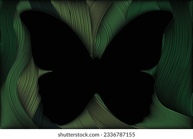 The design features a prominent butterfly silhouette as the focal point, surrounded by elegantly flowing curved lines in the background.