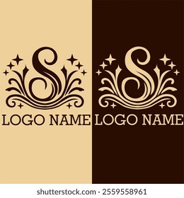 The design features a prominent, stylized letter "S" as the centerpiece surrounded by ornamental, decorative swirls, stars, and curved lines.