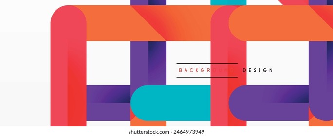 El diseño presenta un patrón geométrico rojo, púrpura y azul sobre un fondo blanco, creando un contraste visual vibrante y colorido