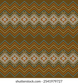 O design apresenta um motivo geométrico repetitivo com um padrão em ziguezague em uma paleta de cores brilhantes de marrom, laranja, azul e branco. O padrão é simétrico e cria uma sensação de ritmo e movimento