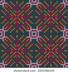 The design features a repeating geometric motif with a floral element in a bright color palette of purple, pink, yellow, and white. The pattern is symmetrical and creates a sense of rhythm 