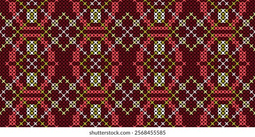 The design features a repeating geometric motif with a plaid pattern in a bright color palette of red, yellow, white, and black. The pattern is symmetrical and creates a sense of rhythm and movement. 