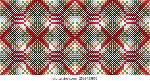 The design features a repeating geometric motif with a zigzag pattern in a bright color palette of white, red, green, and orange. The pattern is symmetrical and creates a sense of rhythm and movement.