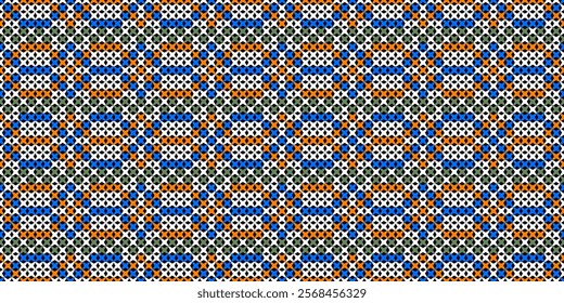 The design features a repeating geometric motif with a plaid pattern in a bright color palette of white, orange, blue, and grey. The pattern is symmetrical and creates a sense of rhythm and movement. 