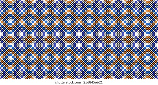  The design features a repeating geometric motif with a circular shape in a bright color palette of white, blue, and orange. The pattern is symmetrical and creates a sense of rhythm and movement. 