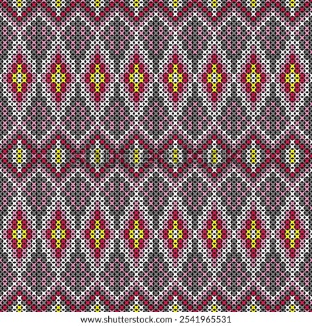 The design features a repeating geometric motif with a circular shape in a bright color palette of orange, yellow, blue, and white.The pattern is symmetrical and creates a sense of rhythm and movement