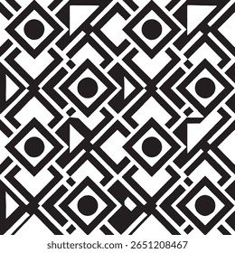 The design features a repeating geometric pattern in shades of black set against a white background. Central to the motif are diamonds, each containing a circular element, flanked by intersecting line