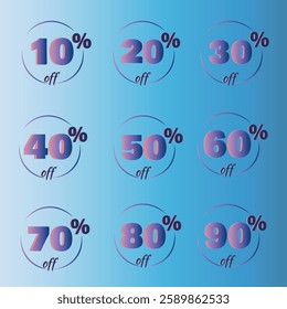 The design features a set of colorful and stylish discount labels ranging from 10% to 90%. The illustration is suitable for showcasing sales and promotional events.