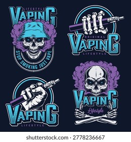 Design features skulls with different styles hats and colors. Each skull holds a vape pen. The designs promote a lifestyle choice of vaping over smoking.