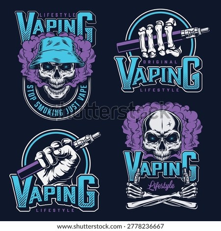 Design features skulls with different styles hats and colors. Each skull holds a vape pen. The designs promote a lifestyle choice of vaping over smoking.