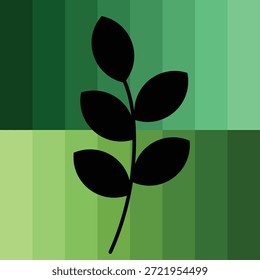 O design apresenta uma impressionante silhueta de folha preta centrada em um fundo verticalmente listrado em tons variados de verde, evocando harmonia natural e simplicidade.