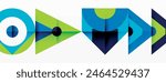 The design features a striking blue and green geometric pattern with arrows pointing in opposite directions, showcasing symmetry and a dynamic composition
