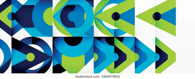 The design features a striking combination of blue and green geometric elements, with arrows positioned to point in opposing directions