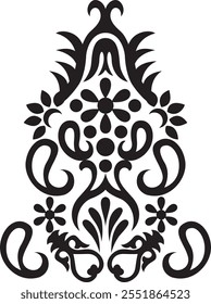 The design features a symmetrical black and white design that looks like a decorative motif or emblem. It includes intricate floral elements, such as stylized flowers and leaves, with curving tendrils