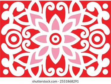 The design features a symmetrical pattern with a combination of red and white colors. At the center, there’s a stylized floral design with layers of petals radiating outward. Surrounding this central 