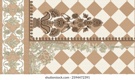 The design features a textile design with a diamond-patterned background and floral motifs, ideal for wallpaper, textile, gift wrapping.