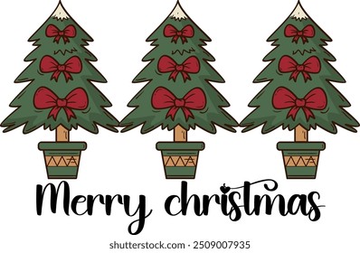 The design features three decorated Christmas trees in pots with red bows, accompanied by the text "Merry Christmas" in a festive font.