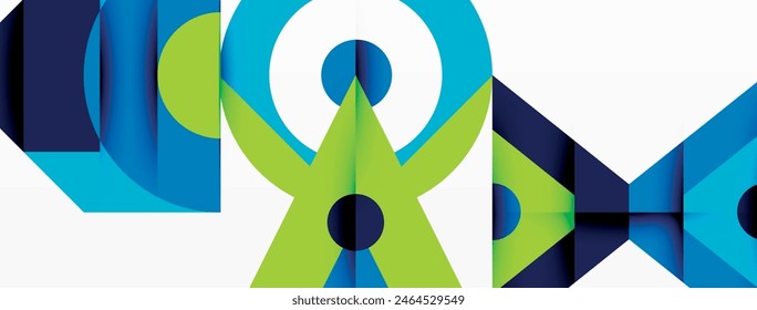 The design features a white background with a geometric pattern in shades of blue and green, incorporating elements of symmetry and artistry