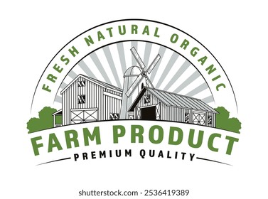 The design features a windmill paired with a barn, highlighting fresh, natural organic farm products. The overall aesthetic emphasizes premium quality in agriculture.