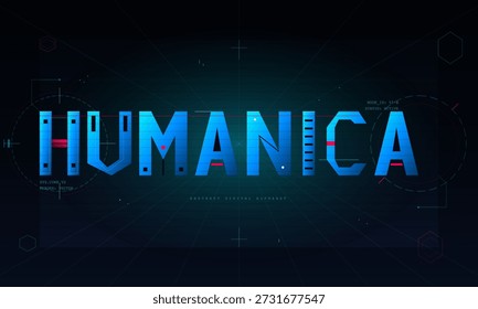 Das Design zeigt das Wort Humanica hervorgehoben in einer fetten digitalen Schriftart. Der Hintergrund besteht aus geometrischen Formen und einem dunklen Farbschema, das das Technologiethema erweitert.