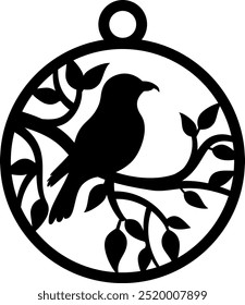 Diseño con una silueta negra de un pájaro posado en una rama con hojas dentro de un círculo. Esta Plantilla de corte por láser es perfecta para crear aretes de forma redonda o decoración de paredes.