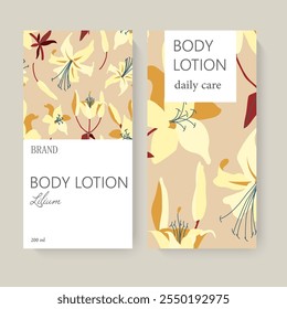 A design featuring body lotion packaging with floral patterns, soft colors, and simple layout on a light background