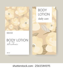 A design featuring body lotion packaging with floral patterns, soft colors, and simple layout on a light background