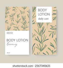 A design featuring body lotion packaging with herbs patterns, soft colors, and simple layout on a light background