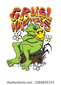 A design featuring a frog wearing a joyful mask and the slogan Cruel Happiness printed on it