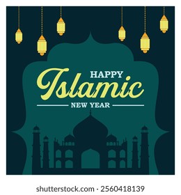 Design featuring Islamic New Year celebration theme with traditional lanterns and mosque silhouette. Ideal for greeting cards, posters, or ads promoting the significance of this festive occasion.