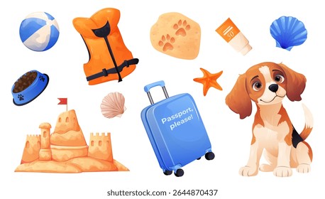  Design featuring a large collection of items useful for a seaside vacation: a life jacket, seashells, a sandcastle, a suitcase, as well as a loyal travel companion  a dog with its food 