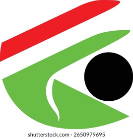 A design featuring red, green, and black elements, with a circle resembling an eye, set against white.