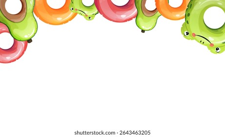 Um design com uma borda superior composta por vários anéis infláveis de natação, incluindo flutuadores em forma de rã e abacate, bem como anéis simples laranja e rosa, todos dispostos no topo da ilustração