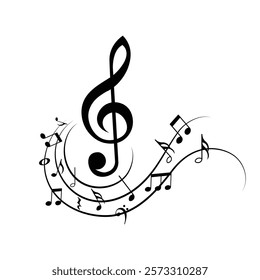 A design featuring a treble clef and flowing musical notes, all in black color against a white background. The notes are arranged in a wavy pattern, creating a sense of movement