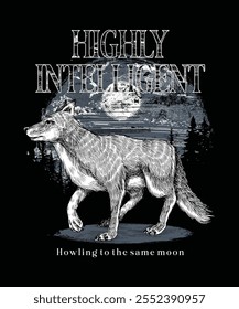 Design com um lobo uivando na lua em uma noite escura, com um céu estrelado e árvores silhuetadas, perfeito para um design de t-shirt ousado e inspirado na natureza.