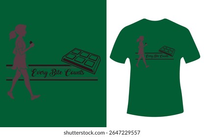 Um design com uma mulher, barra de chocolate e a frase "Cada mordida conta" é exibida em um fundo verde e camiseta.