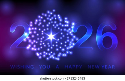 Diseño que presenta el año "2026" con el '0' reemplazado por una explosión de fuegos artificiales de neón azul brillante y púrpura. Efecto de luz de fondo, creando una dinámica y atmósfera para la Nueva Nochevieja.