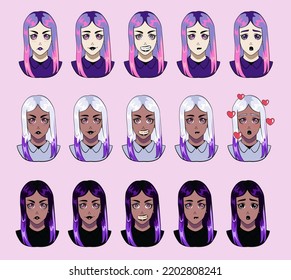 Design Of A Female Anime Character Showing Different Expressions And Emotions. Big Collection Of Cartoon Sprites.
