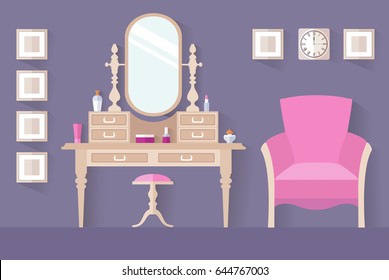 Design of a female boudoir. Vector interior. Dressing table. Women's room.
