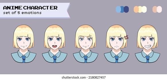 Diseño de un anime rubio alegre femenino con el peinado de corte bob mostrando diferentes expresiones y emociones.