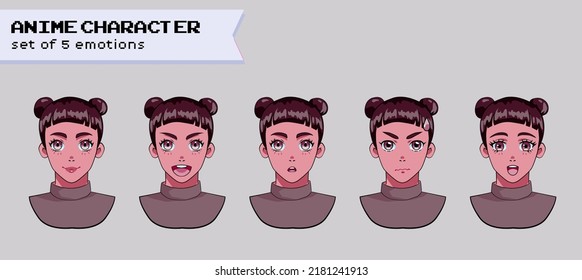 Design of a female cheerful dark-haired anime character with the "odango" hairstyle showing different expressions and emotions.