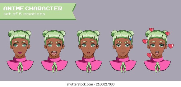 Design of a female cheerful пкуут-haired and dark-skinned anime character with the "odango" hairstyle showing different expressions and emotions.