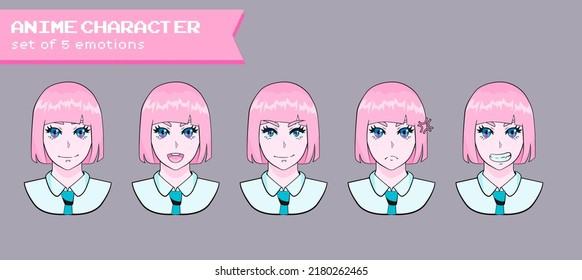 Design of a female cheerful pink-haired anime character with the bob and fringe hairstyle showing different expressions and emotions.