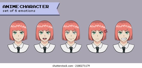 Design Of A Female Cheerful Red-haired Anime Character With The Bob Cut Hairstyle Showing Different Expressions And Emotions.