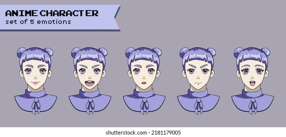 Design of a female cheerful violet-haired anime character with the "odango" hairstyle showing different expressions and emotions.