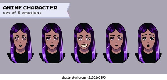 Design of a female gothic dark-haired anime character showing different expressions and emotions.