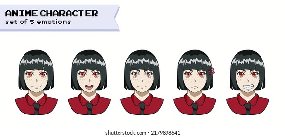 Design Of A Female Gothic Dark-haired And Red-eyed Anime Character With The Bob Cut Hairstyle Showing Different Expressions And Emotions.
