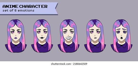 Design of a female gothic purple-haired anime character showing different expressions and emotions. Pastel goth trendy style.