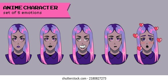 Design of a female gothic purple-haired anime character showing different expressions and emotions. Pastel goth trendy style.