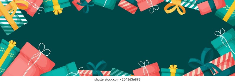 Design de um quadro horizontal festivo, onde presentes envoltos com fita e arco são uniformemente espaçados em torno do perímetro em um fundo turquesa. Bem adequado para publicidade, posts, banners, descontos